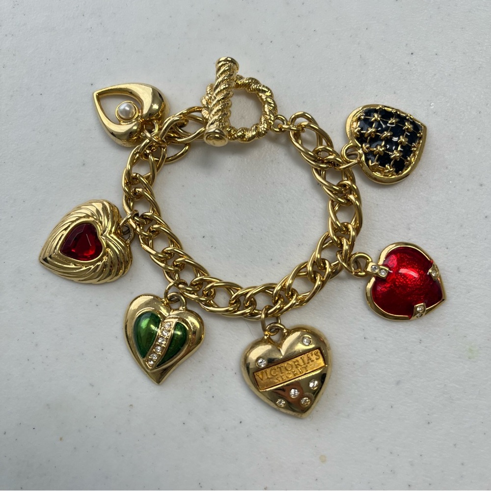 Vintage Victoria's Secret Heart Charm Bracelet Pearl Diamond Enamel